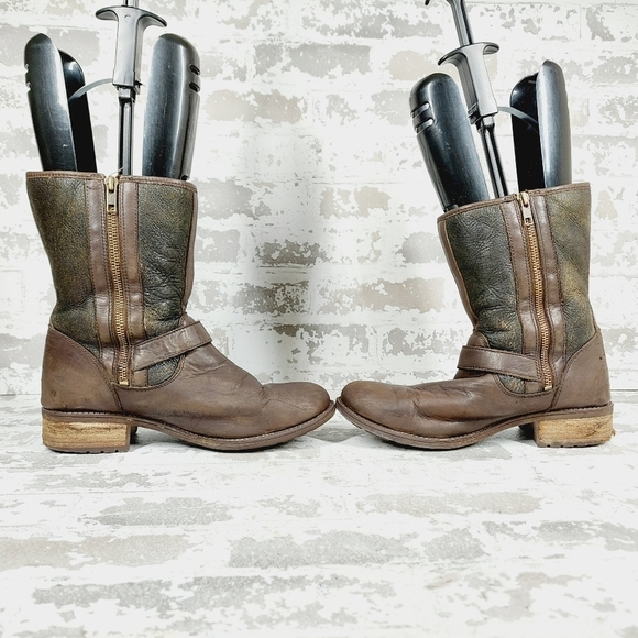 UGG Shearling Brown Leather Mid Calf Silver Buckles Detail Winter Boots I464 - Picture 7 of 13